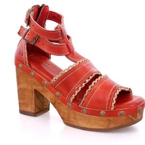 Bed Stu Sloane Red Leather, Wood Platform Chunky Heel Sandals, Women’s 7.5, Rare
